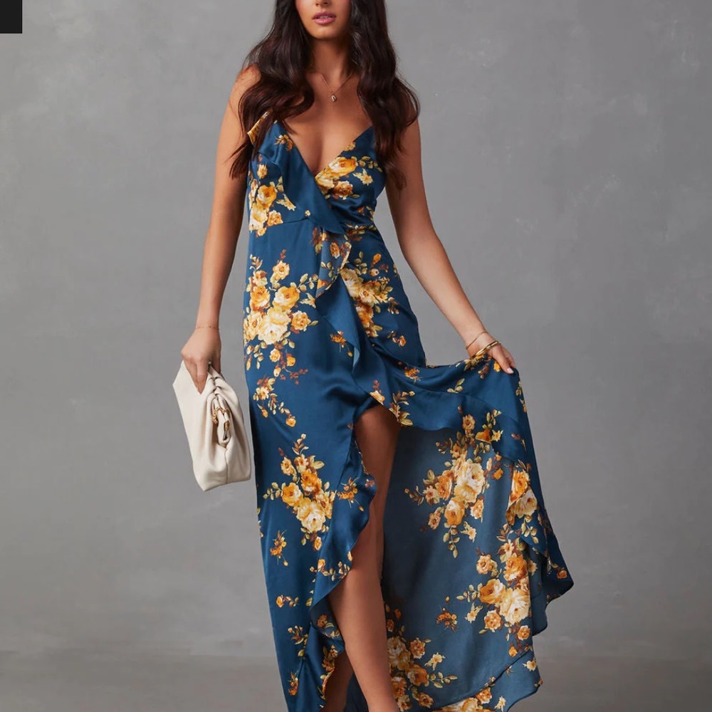 VICI capriccio satin floral ruffle maxi dress